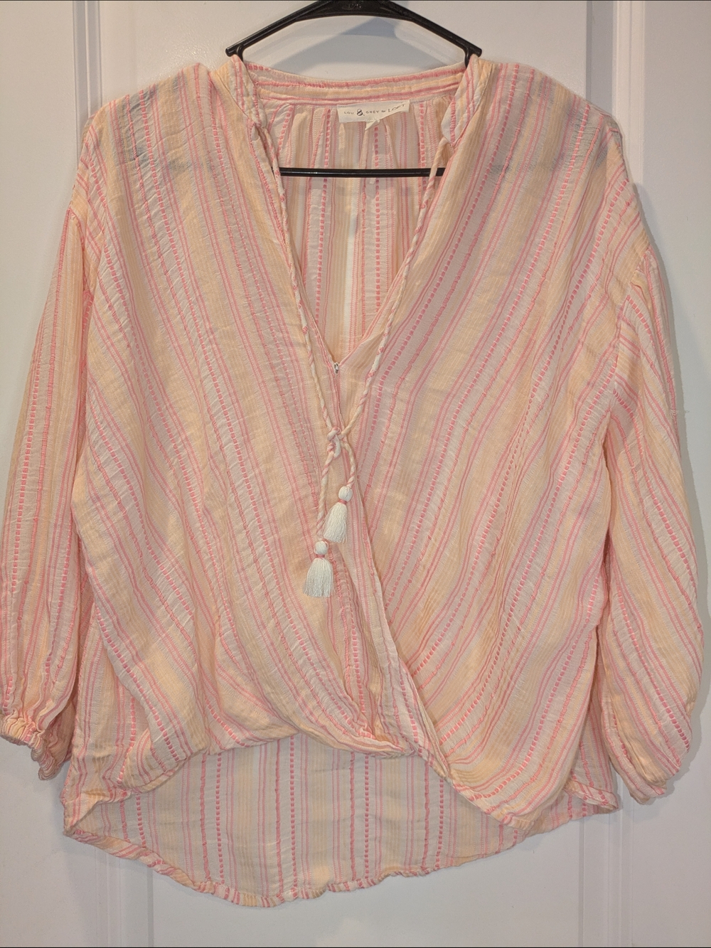Lou & Grey LOFT Gauze Blouse Womens Medium Boho Stripe Tassel Tie Front Top.